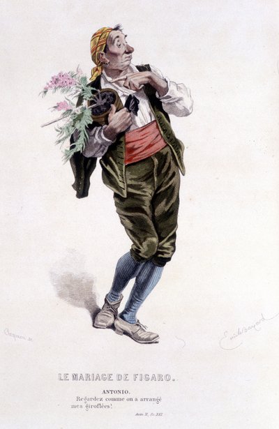 Obra completa de Beaumarchais (1732-1799) por Edouard Fournier. dibujo de Emile Bayard. Ed. Laplace, Sanchez et Cie, París 1876. Este es Antonio en “Las bodas de Fígaro” de Emile Antoine Bayard