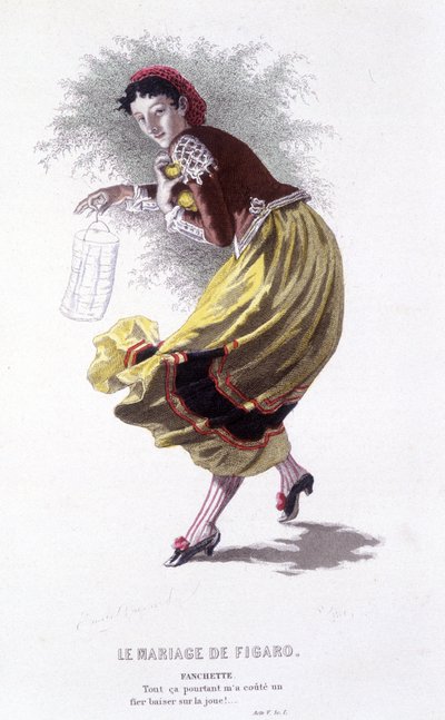 Obra completa de Beaumarchais (1732-1799) por Edouard Fournier. dibujo de Emile Bayard. Ed. Laplace, Sanchez et Cie, París 1876. Esta es Fanchette en “Las bodas de Fígaro” de Emile Antoine Bayard