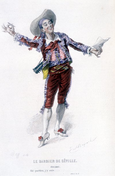 Obra completa de Beaumarchais (1732-1799) por Edouard Fournier. dibujo de Emile Bayard. Ed. Laplace, Sanchez et Cie, París 1876. Este es Figaro en “El barbero de Sevilla” de Emile Antoine Bayard