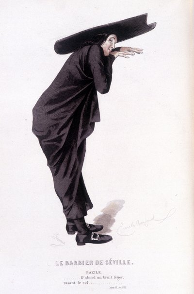 Obra completa de Beaumarchais (1732-1799) por Edouard Fournier. dibujo de Emile Bayard. Ed. Laplace, Sanchez et Cie, París 1876. Este es Bazile en "El Barbero de Sevilla" de Emile Antoine Bayard