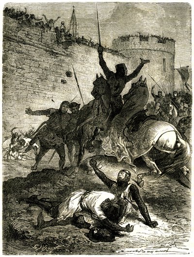 Cruzada contra los albigenses - Asedio de Toulouse, 25 de junio de 1218. El hermano de Simón de Montfort acaba de ser herido por una flecha, Simón de Montfort va a ser asesinado por una bola de catapulta lanzada, se dice, por una de las mujeres de Toulouse de Emile Antoine Bayard