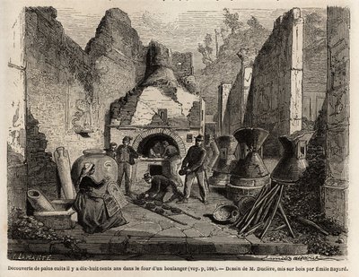 Descubierto por un horno de panadería y pan conservado en cenizas durante las excavaciones de 1864 en Pompeya, dibujo de Emile Bayard (1837-1891), para ilustrar el texto de Marc Monnier (1829-1885) “Pompeya y los Pompeianos”. Grabado en “Le tour du monde”, de Emile Antoine Bayard