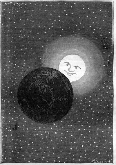 Grabado (por Emile Bayard) del libro de Julio Verne “Alrededor de la Luna” (edición Hetzel/Viajes extraordinarios 1870): la Tierra pasando por la luna de Emile Antoine Bayard