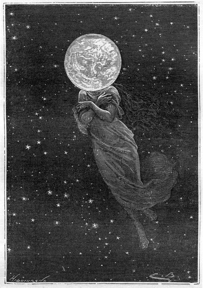 Grabado (por Emile Bayard) del libro de Julio Verne "Alrededor de la Luna" (edición Hetzel/Viajes extraordinarios 1870): descripción de la luna dibujada con el cuerpo de una joven (texto de J. Verne): "... superficie rellena, agrietada, un verdadero colado de Emile Antoine Bayard
