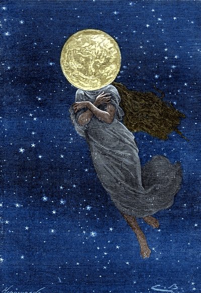 Grabado (por Emile Bayard) del libro de Julio Verne “Alrededor de la Luna” (edición Hetzel/Viajes extraordinarios 1870): Descripción de la luna dibujada con el cuerpo de una joven (texto de J. Verne) de Emile Antoine Bayard