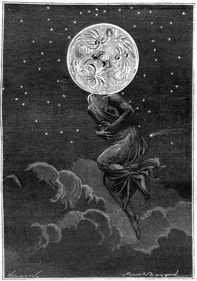 Grabado (por Emile Bayard) del libro de Julio Verne "Alrededor de la Luna" (edición Hetzel/Viajes extraordinarios 1870): "la luna personificada con el cuerpo de una joven... ¡sufriendo de un cólico!" de Emile Antoine Bayard
