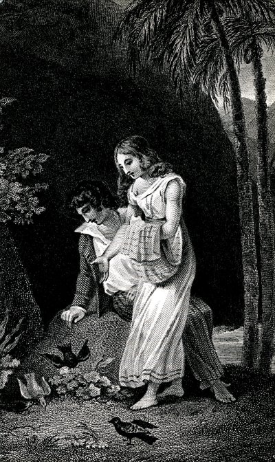 Grabado que ilustra una edición de finales del siglo XIX de la novela de Jacques-Henri Bernardin de Saint Pierre: Paul et Virginie. Los pájaros aterrizan sin miedo cerca de la joven pareja de amantes en el bosque. Dibujo de de Emile Antoine Bayard