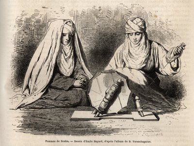 Mujeres de Bujará (Uzbekistán), trabajando en su labor de hilar, grabado después de un dibujo de Emile Bayard, para ilustrar el viaje de Basile Vereschaguine a Asia Central en 1867-1868, publicado en "Le tour du monde" 1873, editado por Edouard Charton de Emile Antoine Bayard