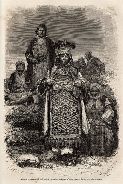 Novios y campesinos de las fronteras rumanas, grabado según el dibujo de Emile Bayard, ilustrando el viaje a Bulgaria, por Guillaume Lejean, en 1867, publicado en "Le tour du monde" 1873, editado por Edouard Charton, edición Hachette, París. de Emile Antoine Bayard
