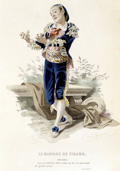 Fígaro en “Las bodas de Fígaro” - en “Obras completas de Beaumarchais”, dibujos de Emile Bayard, ed. Laplace Sanchez & cie, París de Emile Antoine Bayard
