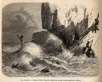 Juegos hawaianos, en el precipicio de Mokapuu, en la isla de Oahu, los habitantes se distraían practicando su juego favorito: el surf, grabado después del dibujo de Emile Bayard, ilustrando el viaje a las Islas Sandwich, en 1855-1869 de Emile Antoine Bayard