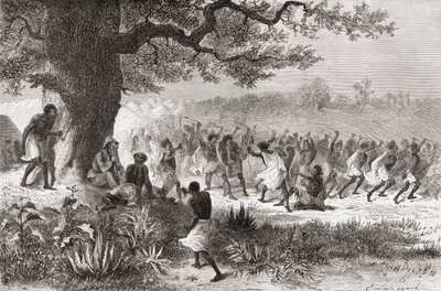 Henry Morton Stanley observando a la tribu Vouagogos preparándose para la batalla durante su expedición en 1871, ilustración de 