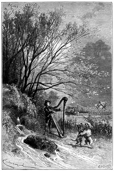 Ilustración de Emile Bayard para la novela de Hector Malot “Sans Famille”: Remi canta con el arpa mientras sus amigos bailan, los animales sabios de la troupe de Monsieur Vitalis, artista itinerante - los dos perros Capi y Dolce - músico callejero, saltimb de Emile Antoine Bayard