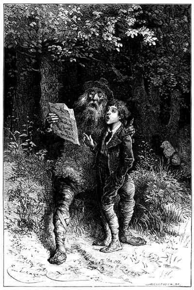 Ilustración de Emile Bayard para la novela de Hector Malot "Sans Famille": Remi canta con Monsieur Vitalis, artista itinerante - músico callejero, saltimbanqui - Edición Hetzel 1880 de Emile Antoine Bayard