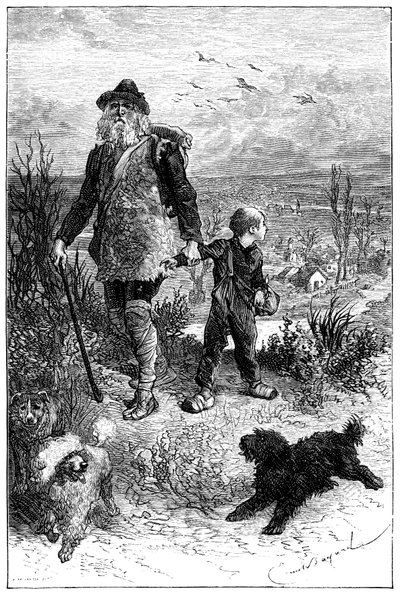 Ilustración de Emile Bayard para la novela de Hector Malot "Sin Familia": Remi se va con el señor Vitalis, artista itinerante y sus animales sabios los tres perros Capi, Zerbino y Dolce - Edición Hetzel 1880 de Emile Antoine Bayard