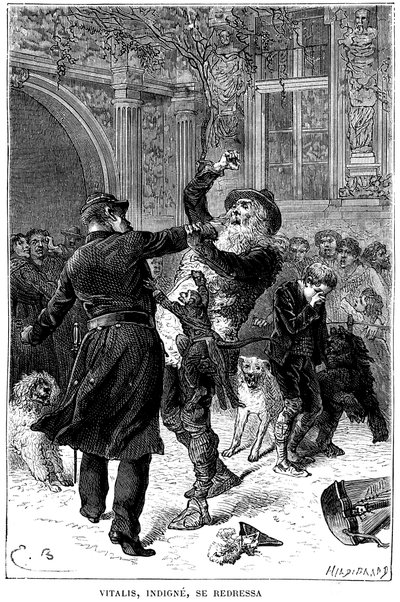 Ilustración de Emile Bayard para la novela de Hector Malot “Sans Famille”: en Toulouse, Monsieur Vitalis, indigno, es arrestado por un oficial de policía frente a Remi y sus amigos, los animales sabios de la troupe: Joli-Coeur (corazón bonito), el mono de Emile Antoine Bayard