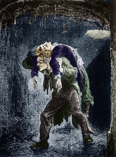 Jean Valjean, Marius herido a la espalda, huyendo en las aguas de París Ilustración de la novela "Los Miserables" de Victor Hugo (1802-1885) Ilustración de Emile Bayard - (Jean Valjean lleva a Marius a la espalda, a través de las alcantarillas de París) Gr de Emile Antoine Bayard