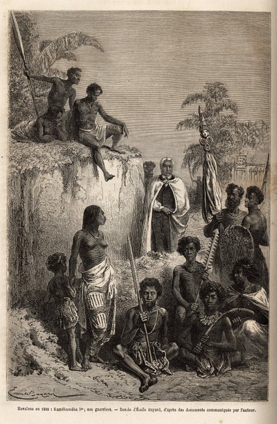 Kamehameha I (ca. 1758-1819), rey de las Islas Hawaianas y fundador de su unidad, rodeado de guerreros hawaianos y algunos súbditos en Honolulu, grabado según el dibujo de Emile Bayard, ilustrando el viaje a las Islas Sandwich, en 1855-69, por C de Emile Antoine Bayard