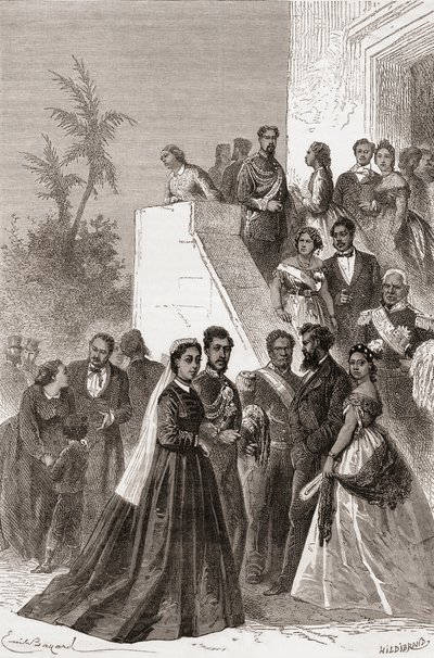 Kamehameha V, en el centro, con su familia, ilustración de 