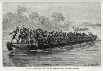Gran canoa de los Arouhouimi, cargada con 40 remeros de pie y veinte guerreros armados, en el río Livingstone (Congo), dibujo de Emile Bayard, para ilustrar la historia “A través del continente misterioso”, viaje realizado entre 1874-1877, por Sir H.M. Sta de Emile Antoine Bayard