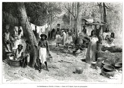 Las lavanderas en Chorillo, Panamá, grabado según un dibujo de E.Bayard, para ilustrar la historia Exploración en el istmo de Panamá y Darién, por A. Reclus, teniente de navío, de 1876 a 1878, publicado en Le tour du monde, bajo la dirección de Edouard Cha de Emile Antoine Bayard