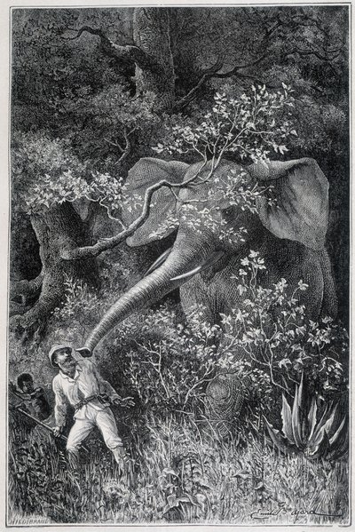 Livingstone sorprendido por un elefante, en "Le Tour du Monde" de Emile Antoine Bayard