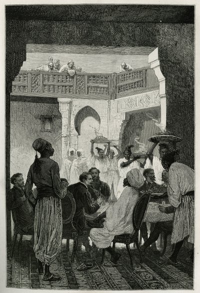 Almuerzo en la casa del ministro de guerra, con turbante, frente al autor de la historia, llegando por el patio, una fila de sirvientes llevando los platos de la comida, grabado por Emile Bayard, para ilustrar la historia de Marruecos por Edmondo de Amicis de Emile Antoine Bayard