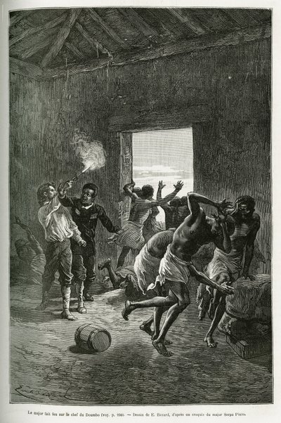 El Mayor Serpa Pinto disparó al jefe del pueblo o se detuvo porque exigía aún más brandy a cambio de su hospitalidad. Grabado por Emile Bayard, para ilustrar la historia de cómo atravesé África, del Océano Atlántico al Océano Índico, por el Mayor de Emile Antoine Bayard