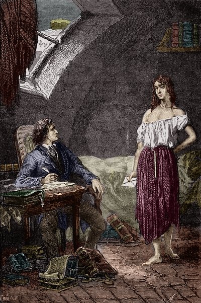 Marius y Eponine, hija mayor de los Thenardier y enamorada de Marius Ilustración de la novela "Los Miserables" de Victor Hugo (1802-1885) Ilustración de Emile Bayard - (Eponine Thenardier (niña Jondrette) y Marius) Grabado Colección particular de Emile Antoine Bayard