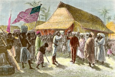 Encuentro en Ujiji a orillas del lago Tanganica entre Henry Morton, un explorador y periodista de Gales (1841-1904) y David Livingstone, un misionero explorador escocés del continente africano (1813-1873), el 10 de noviembre de Emile Antoine Bayard