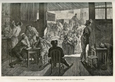 Cantantes de himnos borrachos de Mother Carey reunidos en la entrada de un bar de whisky de Ohio para luchar contra el florecimiento del alcoholismo. Dibujo de Emile Bayard para ilustrar la historia La conquête blanche, de William Hepworth Dixon, en 1875,  de Emile Antoine Bayard