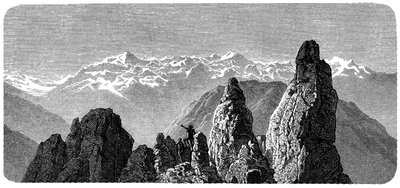 Cima de la montaña llamada Pierre a Voir cerca de los baños de Saxon en Valais, Alpes Suizos. Ilustración de Emile Bayard para el libro de Albert Dupaigne "Las Montañas", edición Mame 1881 de Emile Antoine Bayard