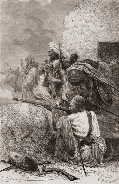 Rebeldes afganos del norte luchando contra los británicos en las montañas de Hazara, Pakistán, durante el dominio británico, 1878 de Emile Antoine Bayard