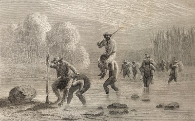 Paul Marcoy y su expedición siendo llevados a través de un pantano en Argentina por indios Chuncho en 1874, ilustración de 