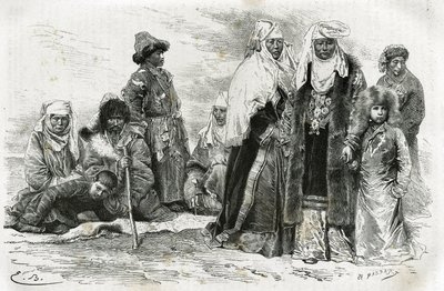 Mujeres kirguís pobres y ricas. Grabado por Emile Bayard, para ilustrar impresiones de viaje de Orenburg a Samarcanda, por Marie de Ujfalvy-Bourdon, entre 1876 y 1878, en el Tour du monde, dirigido por Edouard Charton de Emile Antoine Bayard
