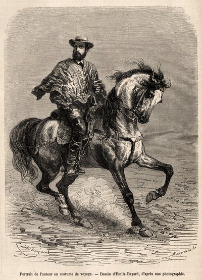 Retrato del autor, en su montura, vistiendo su traje de viaje, grabado después de un dibujo de Emile Bayard ilustrando la historia sobre el desierto de Acatama y Caracoles (Sudamérica), por el ingeniero A. Bresson, en 1870-1874, publicado en 