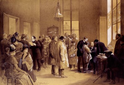 Vacunación contra la rabia: Louis Pasteur (1822-1895) apeló a los fans mientras el Dr. Gaucher vacunaba a un niño ruso, Joseph Meister, contra la rabia el 6/07/1885 en un laboratorio en la calle Ulm. Impresiones de Emile Bayard (1837-1891) 1886 París, Muse de Emile Antoine Bayard