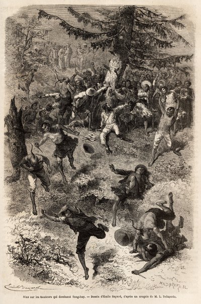 Pelea en las alturas que dominan Tong-hay (o Tong hay), uno de los miembros de la expedición que se quedó en las alturas de la ciudad para dibujar por naturaleza, es seguido por una multitud de curiosos, que declaran una pelea general, cada uno deseando ve de Emile Antoine Bayard