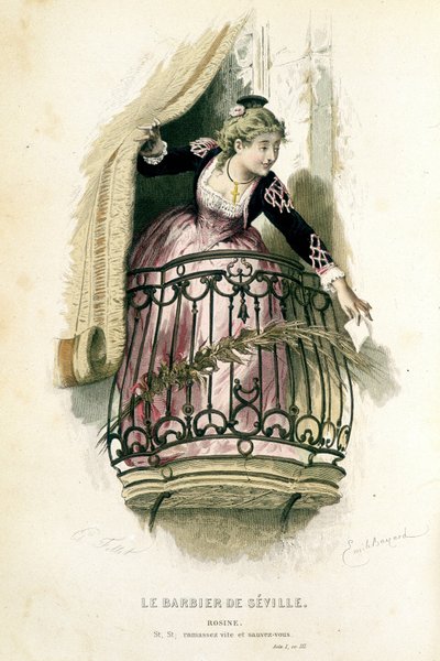 Rosine en "Le barbier de Seville" - en "Oeuvres complètes de Beaumarchais", dibujos de Emile Bayard, ed. Laplace Sanchez & cie, París de Emile Antoine Bayard