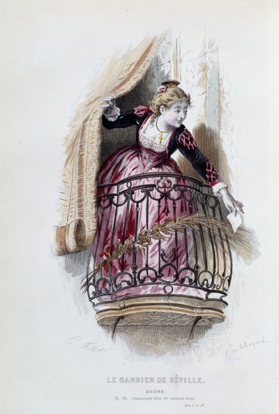 Rosine en "El barbero de Sevilla" por Pierre Augustin Caron de Beaumarchais (1732-1799), dibujos de Emile Bayard (1837-1891) de Emile Antoine Bayard