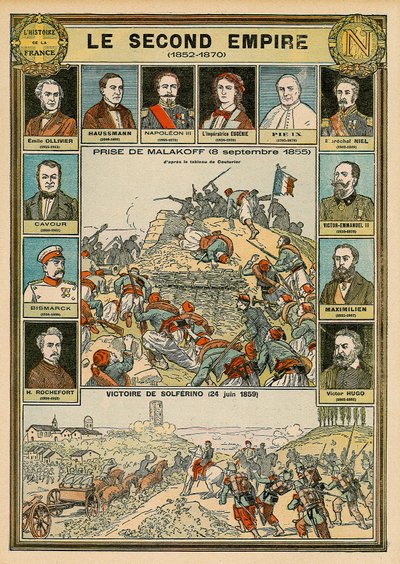 Segundo Imperio 1852 a 1870 - captura de Malakoff 8 de septiembre de 1855 - victoria de Solferino 24 de junio de 1859 - Emile Ollivier, Barón Haussmann, Napoleón III, Emperatriz Eugenia, Papa Pío IX, Mariscal Niel, Víctor Manuel II de Italia. de Emile Antoine Bayard