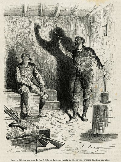 Sir Henri Morton Stanley (1841-1904) y Franck Pock, su compañero de exploración, deciden a cara o cruz el itinerario de su viaje, dibujo de Emile Bayard, para ilustrar la historia “A través del Continente Misterioso” (África Ecuatorial), un viaje c de Emile Antoine Bayard