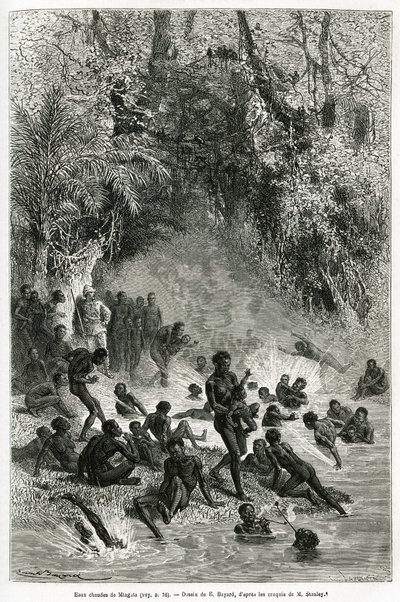 Sir Henri Morton Stanley (1841-1904) en medio de los bañistas de la región de Karagoué (Camerún), que se sumergen en el agua caliente y medicinal de la garganta de Mtagata, dibujo de Emile Bayard, para ilustrar la historia “A través del Continente Misterio de Emile Antoine Bayard
