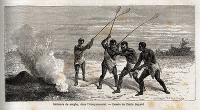 Tamborileros de sorgo, en el ounyamouezi (región de los Grandes Lagos, África), dibujo de Emile Bayard (1837-1891), ilustrando el viaje de descubrimiento del Capitán Speke en África de 1860 a 1863. Grabado en Le tour du monde, editado por Edouard Charton de Emile Antoine Bayard
