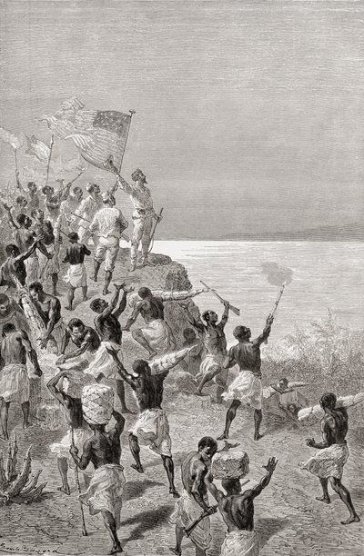 Stanley y la primera vista de su expedición del lago Tanganica, África Oriental, en 1872, ilustración de 