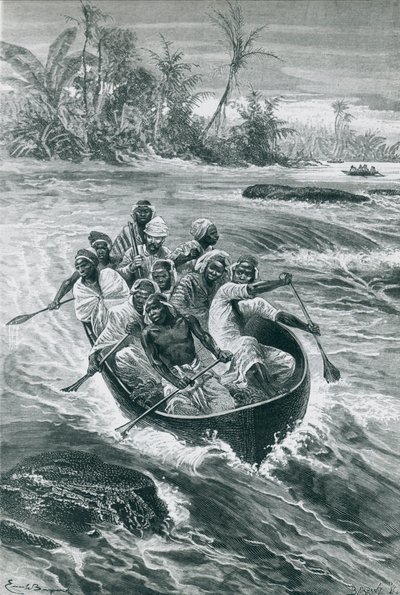 Stanley supera los rápidos en el río Congo, dibujo de Emile Bayard de Emile Antoine Bayard