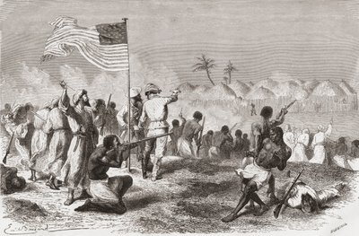 Ataque de Stanley a Zimbizo durante su expedición en 1871, ilustración de 