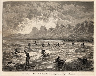 Surf, el juego favorito hawaiano, aquí por mujeres, en equilibrio, de pie o sentadas, en la cresta de las olas, que las llevan de regreso a la playa, grabado basado en el dibujo de Emile Bayard, ilustrando el viaje a las Islas Sandwich de Emile Antoine Bayard