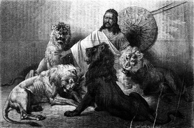 El Emperador (ras) Theodoros de Abisinia rodeado por sus leones. Grabado de mediados del siglo XIX. Ilustración de Emile Bayard. de Emile Antoine Bayard