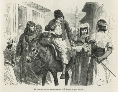 La búsqueda de Leproux en Chio, dibujo de Emile Bayard, para ilustrar la historia "La isla de Chio" (Turquía Oriental), en 1877, por el Dr. A.Testevuide. Grabado en Le tour du monde de Emile Antoine Bayard
